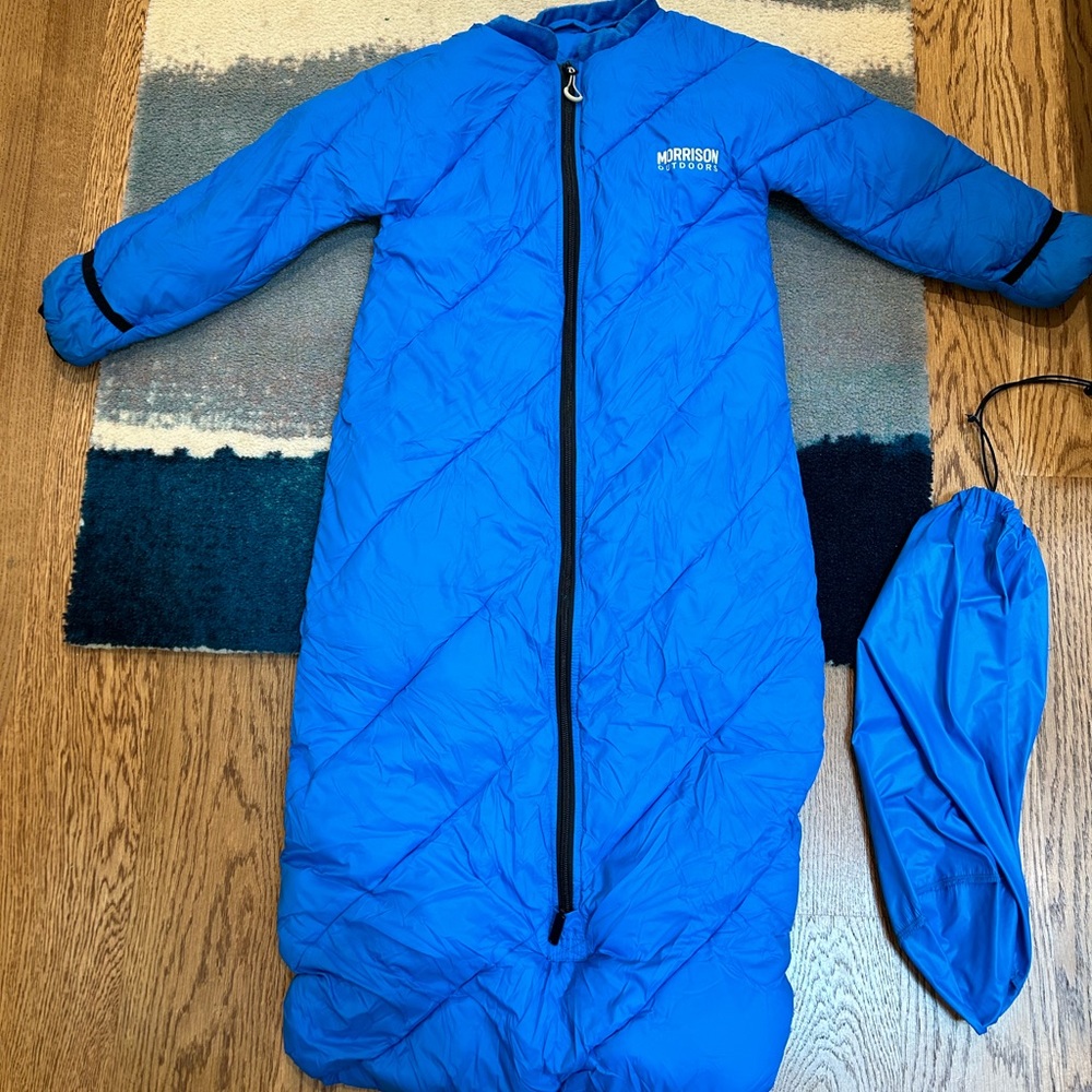 Wearable sleeping bag for tots. Perfect for camping, cabins, or winter coziness.